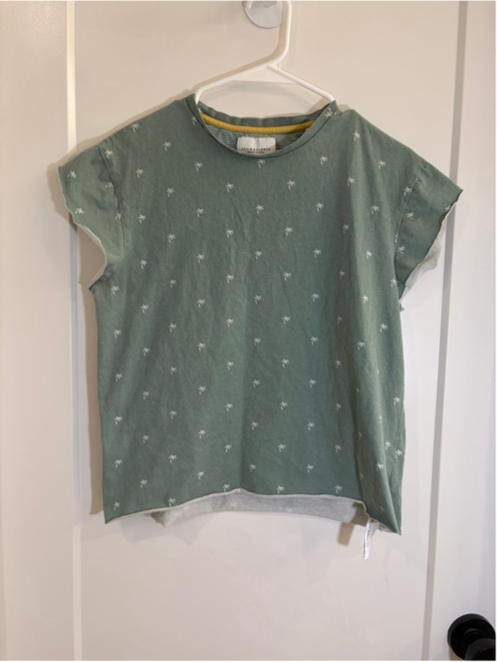 Denim & Flower Ricky Singh Green Palm Tree Raw Edge Tee Small